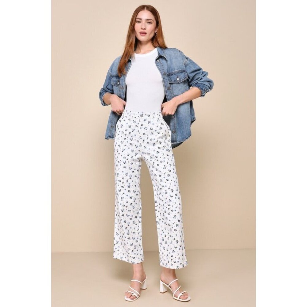 Everyday Personality Ivory Floral Print Twill High Rise Pants